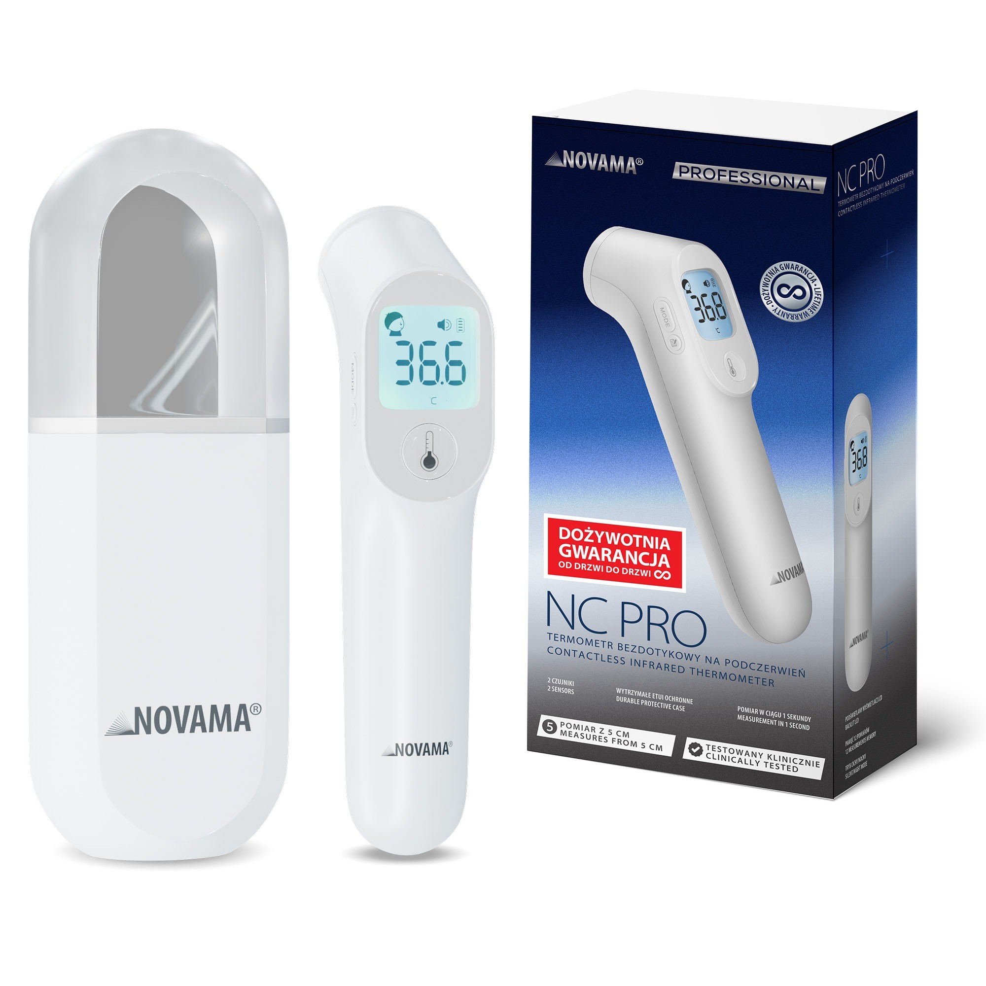 NOVAMA NC PRO Termometr bezdotykowy z czujnikiem odległości w kapsule ochronnej